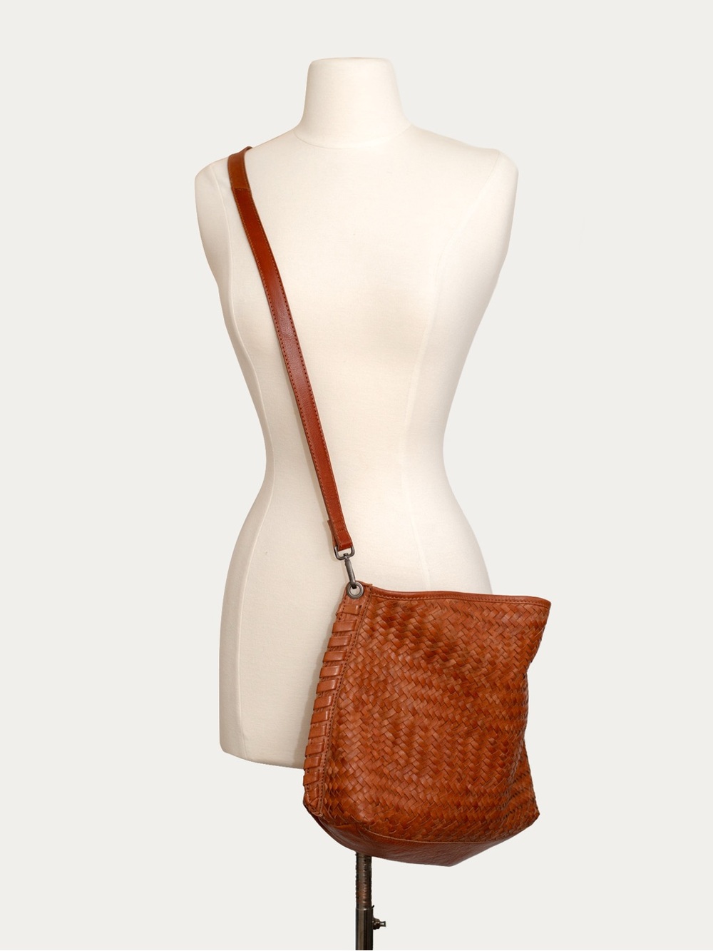 Woven Leather Crossbody Bag in Cognac Brown